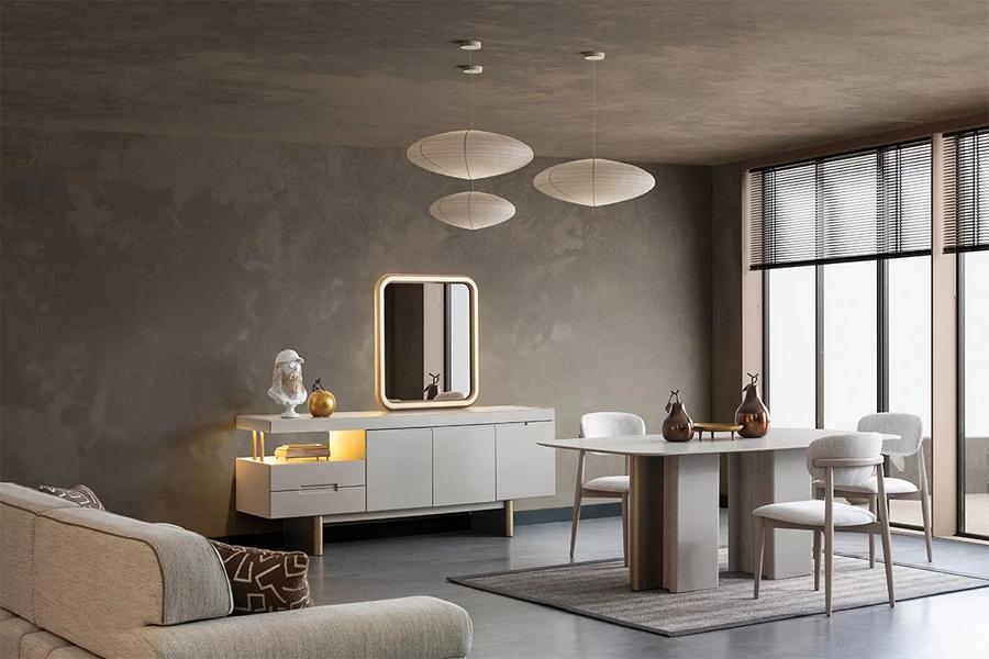 Modernes Esszimmer Set Beige Essgarnitur Essgruppe 8tlg. Tisch Stuhl 6x Kommode