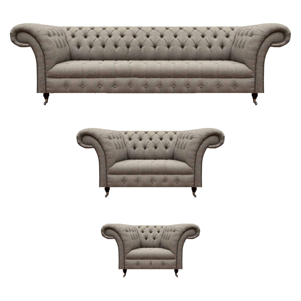 Designer Sofa Set Grau Textil Polster Garnitur 3tlg Wohnzimmer Chesterfield