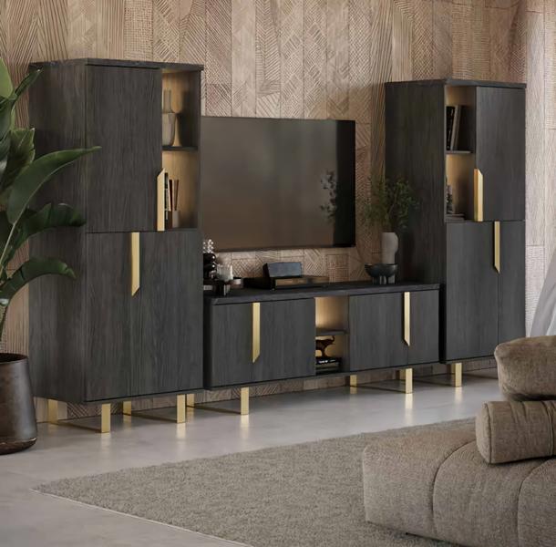 Vitrine Wohnwand Schrankwand Schränke Schrank LED RTV TV Weiß Gold
