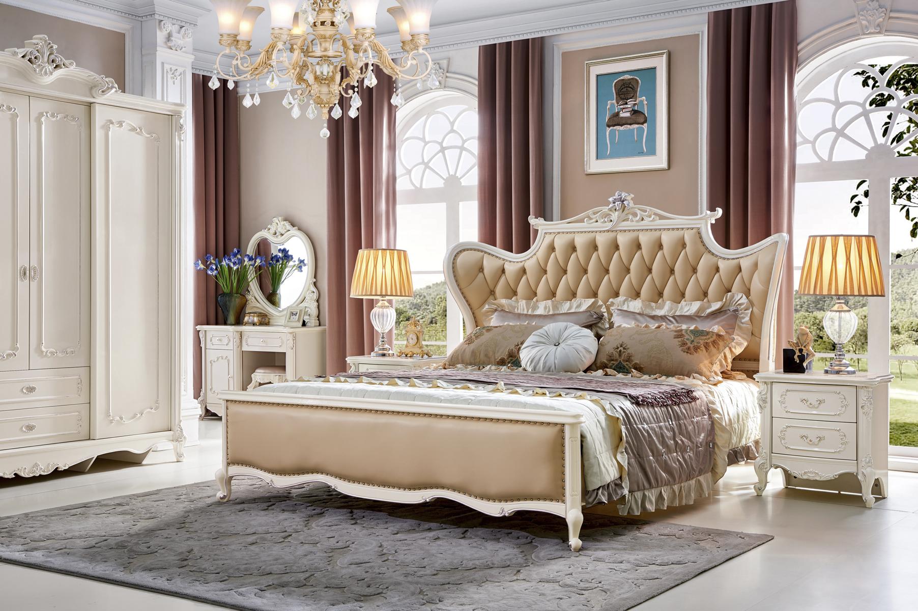Klassische Barock Rokoko Schlafzimmer Set 3 tlg. Garnitur Bett Nachttische Leder