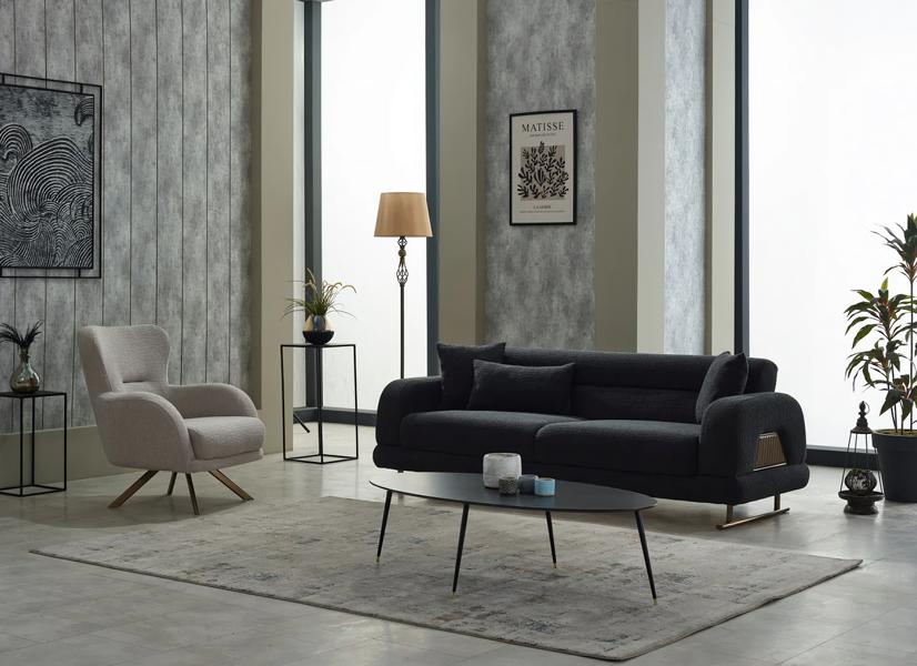 Sofagarnitur Polstersofa Dreisitzer Sessel Stoff Schwarz Sofa Set 2tlg