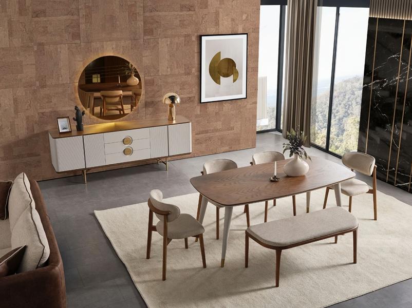 Elegant Esszimmer Set Modern Beige Esstisch 4x Stühle Hocker Kommode mit Spiegel