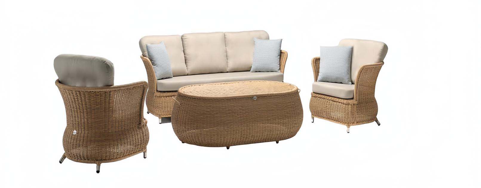 Gartenmöbel Sofa 3-Sitzer Garten Rattan Garnitur Edler Couchtisch 2x Sessel 4tlg