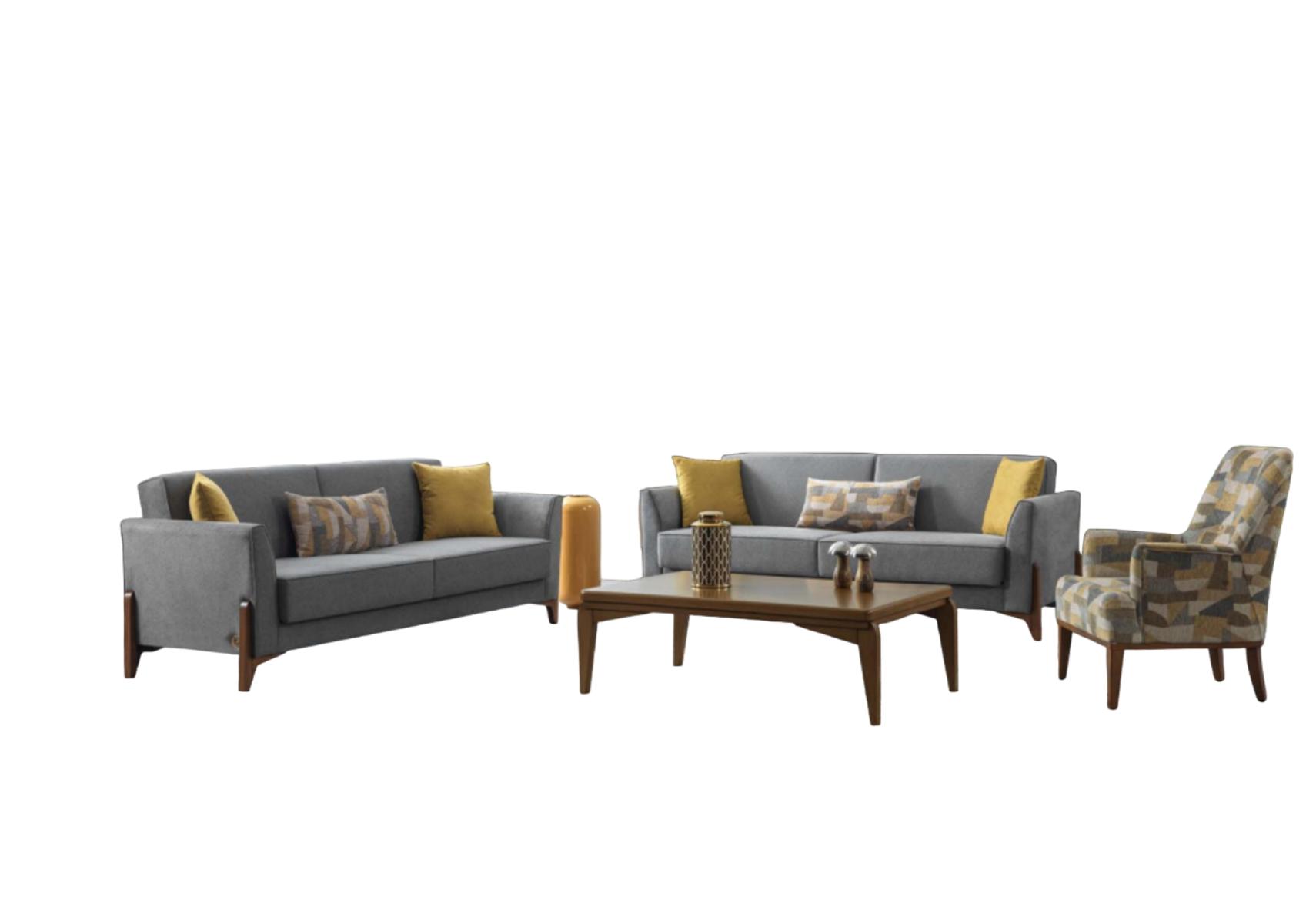 Graue Sofagarnitur Couch Polster Möbel Stoffsofa 3+3+1 Sitzer Schlaffunktion