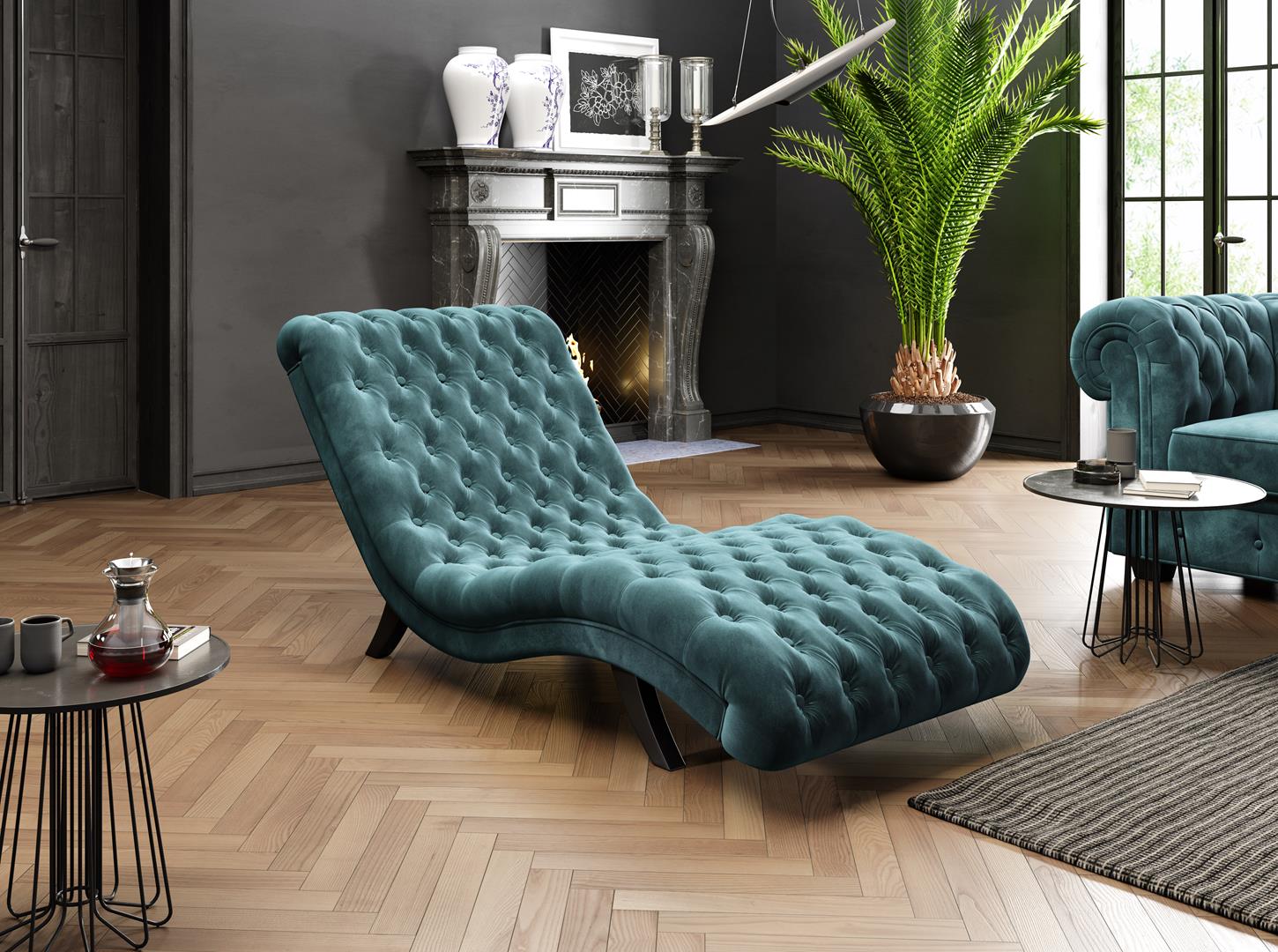 Loungesofa Chesterfield Couch Sofa Liege Holz Metall Chaiselongue Relaxliege Neu