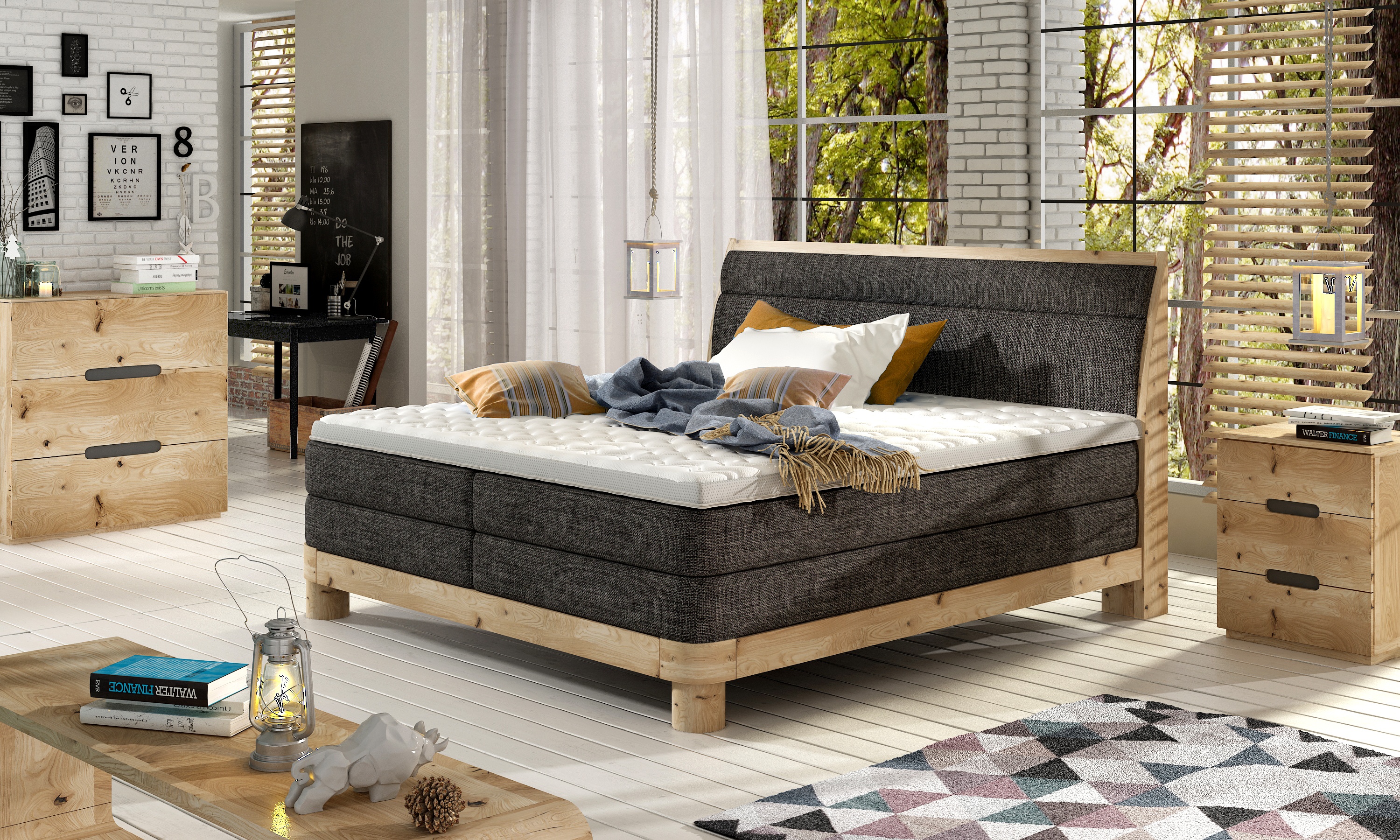 Oak Echtholz Bett Boxspring Betten Massiv Doppel Holz Polster Design Hotel Neu