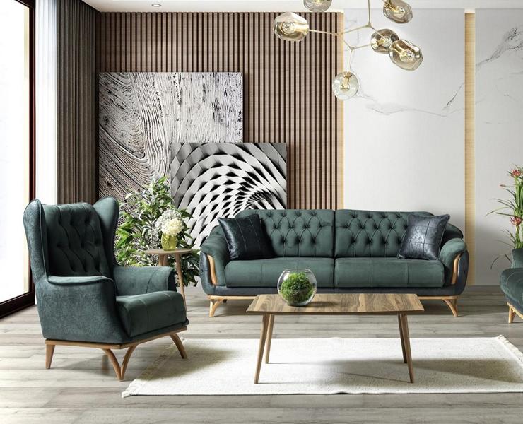 Wohnzimmer Set Hochwertig Sitzgruppe Sofa 3 Sitzer luxuriöse Sessel Polster Grün
