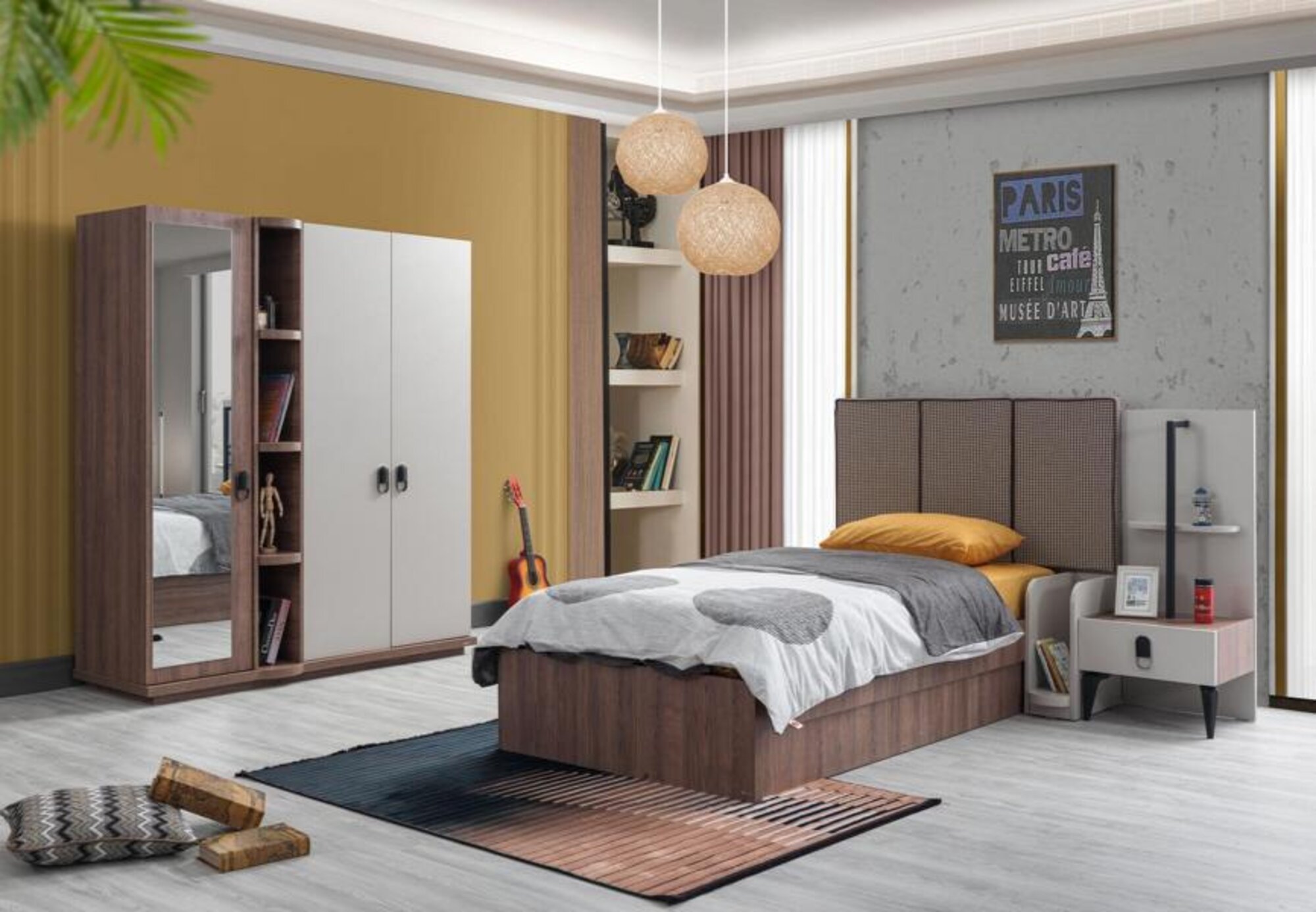 Kinderzimmer Set Bett Nachttisch Kleiderschrank Braun Modern Hochwertig Möbel