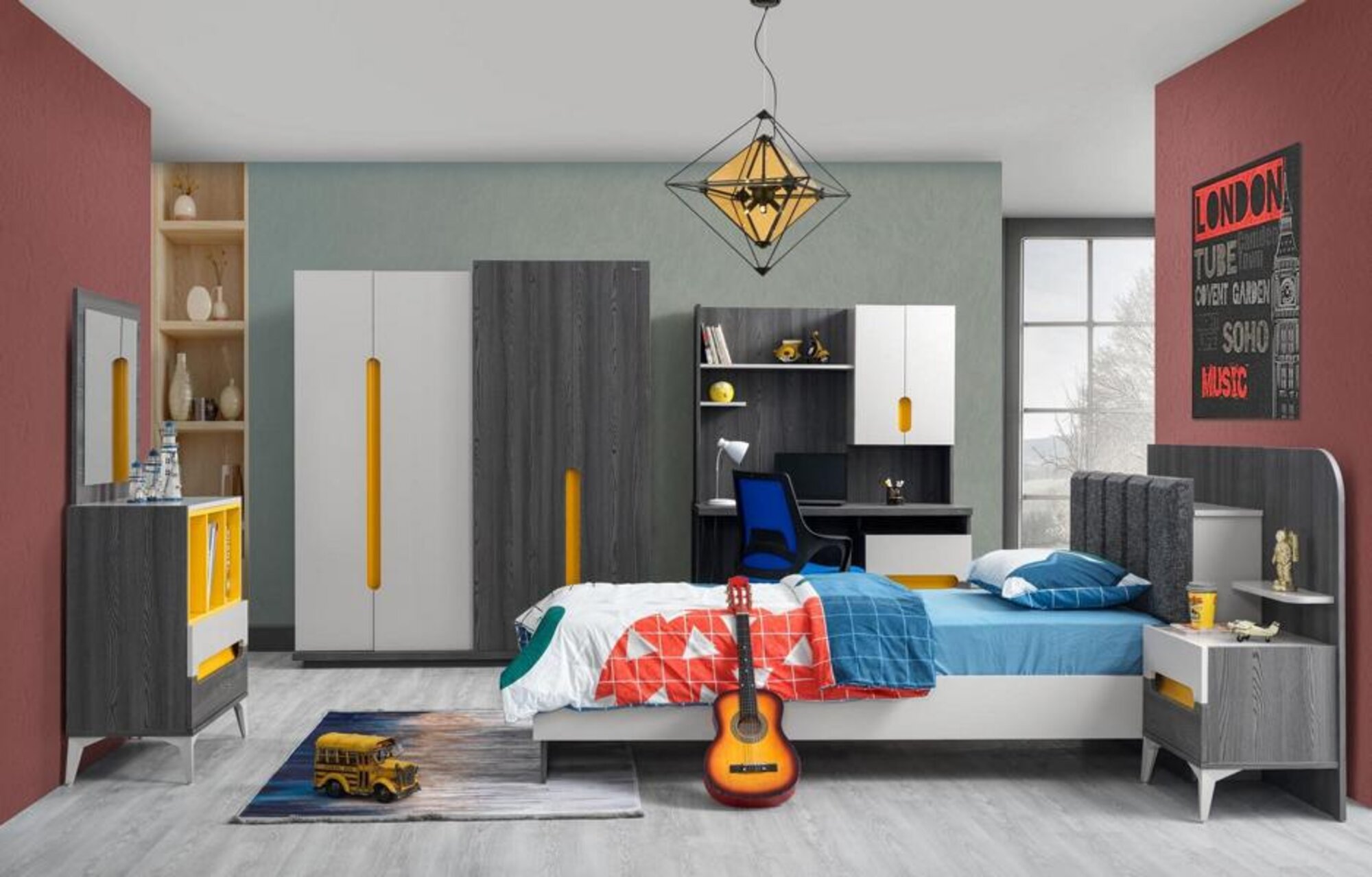 Grau Kinderzimmer Set Bett Nachttisch Kommode Kleiderschrank Schreibtisch