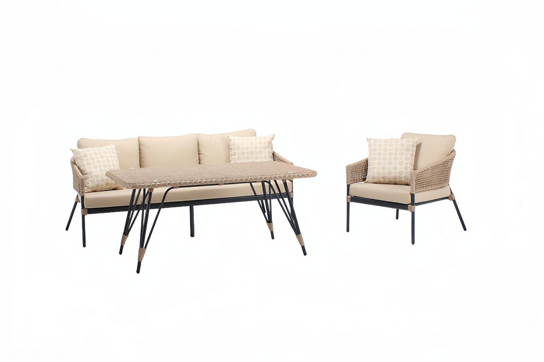 Sofagarnitur Sofa 3 Sitzer Moderner Sessel Couchtisch Beige Luxuriöse Rattan