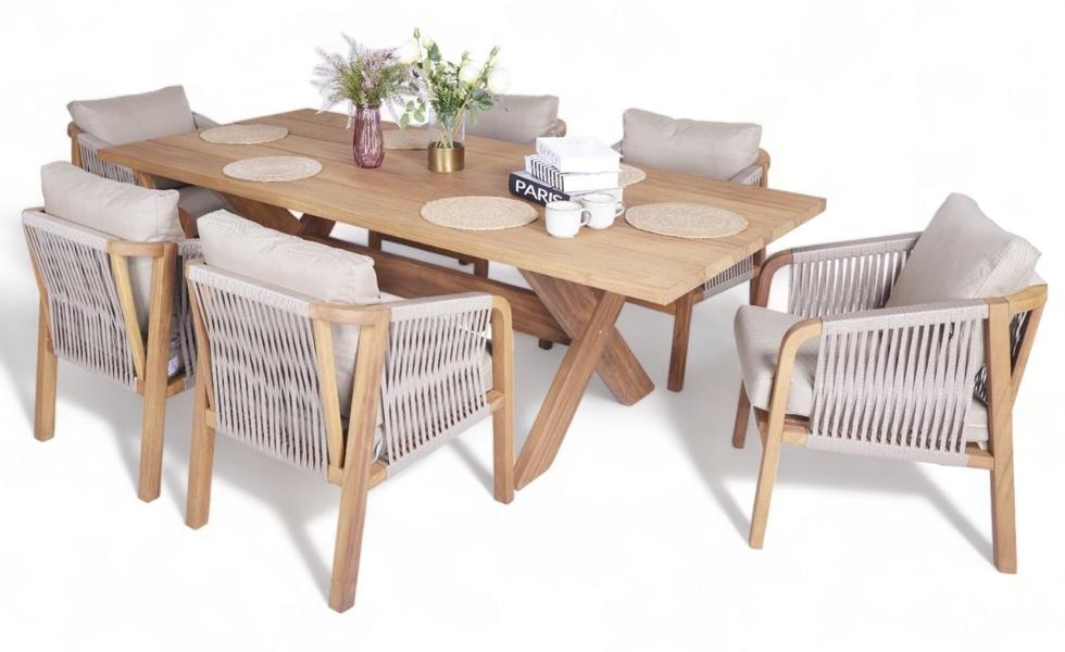 Designer Outdoor Garnitur Esstisch 6x Stühle Luxuriöse Gartenmöbel Holz