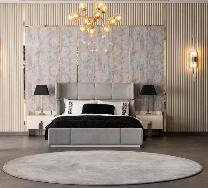 Schlafzimmer Komplett Set Doppelbett 2x Nachttische Polsterbett Edelstahl