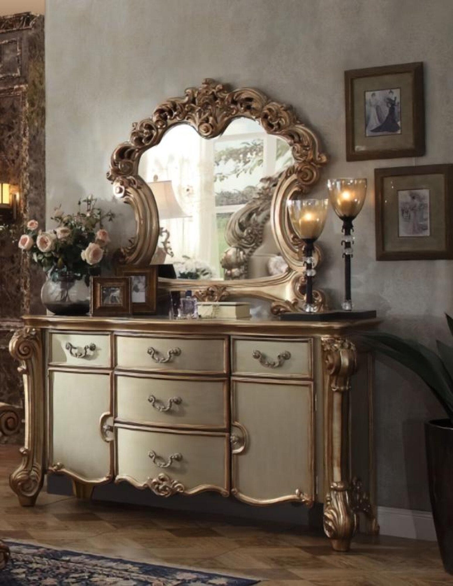 Schminktisch mit Spiegel Gold Design Luxus Möbel Antik Barockstil