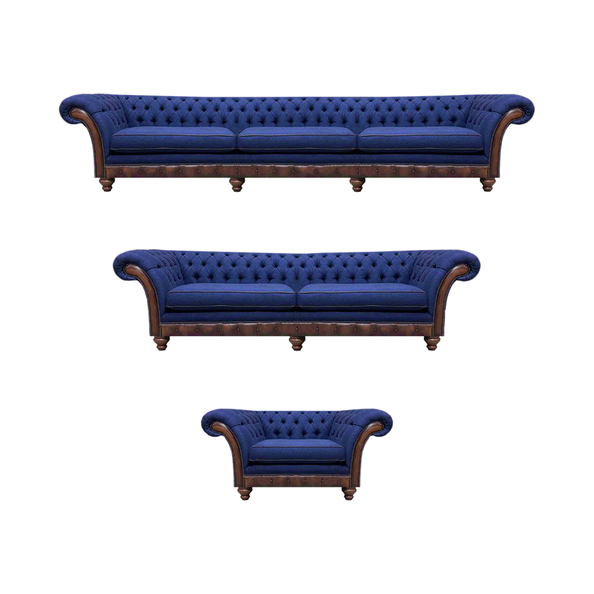 Designer Chesterfield Couchgarnitur Edler Blauer Dreisitzer Sessel 3tlg