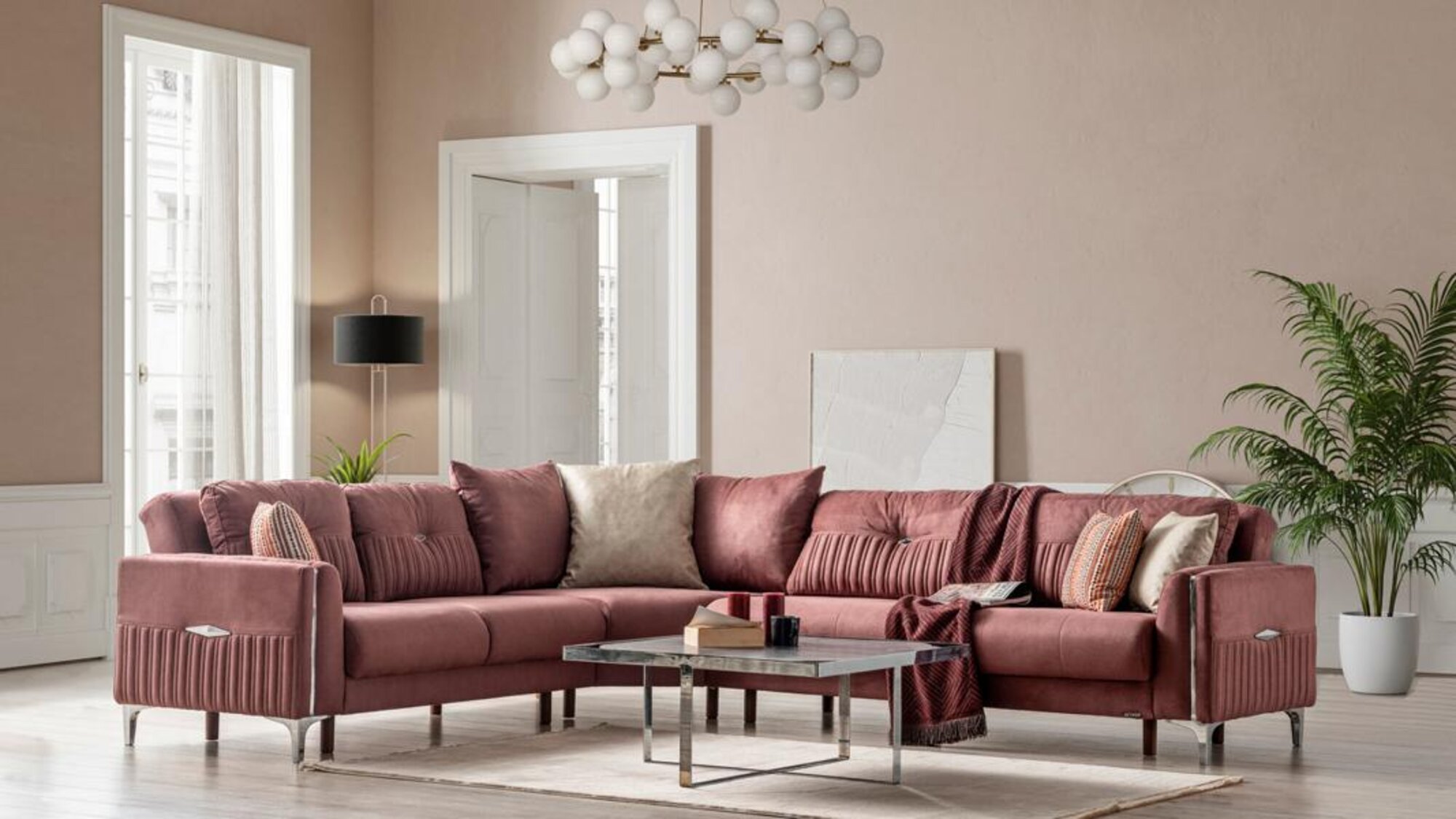 Stilvolles Ecksofa L-Form Eckgarnitur Wohnlandschaft Couchen Sofas Altrosa