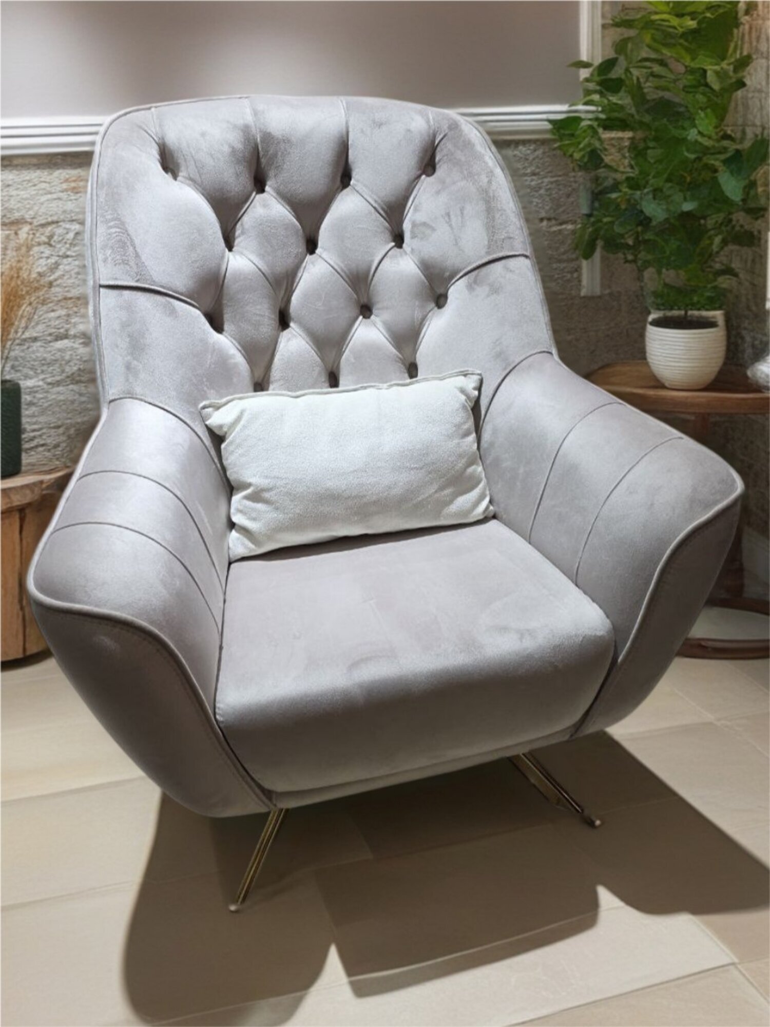 Chesterfield Grau Sessel Loungesessel Clubsessel Cocktailsessel Samtstoff Sessel Sofort