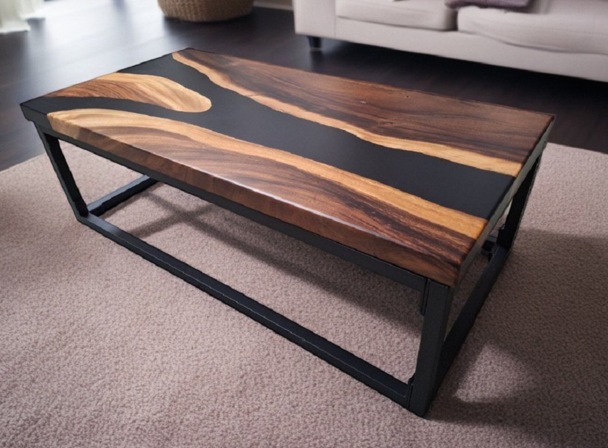 Luxuriöser, exklusiver Tisch aus Epoxidharz, mattbraun/schwarz, Holz Sofort