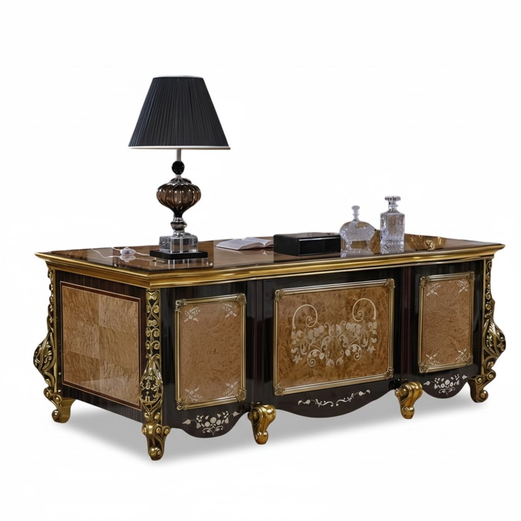 Schreibtisch im Barockstil Klassischer Chefschreibtisch Luxuriöses Holz Goldfarben Sofort