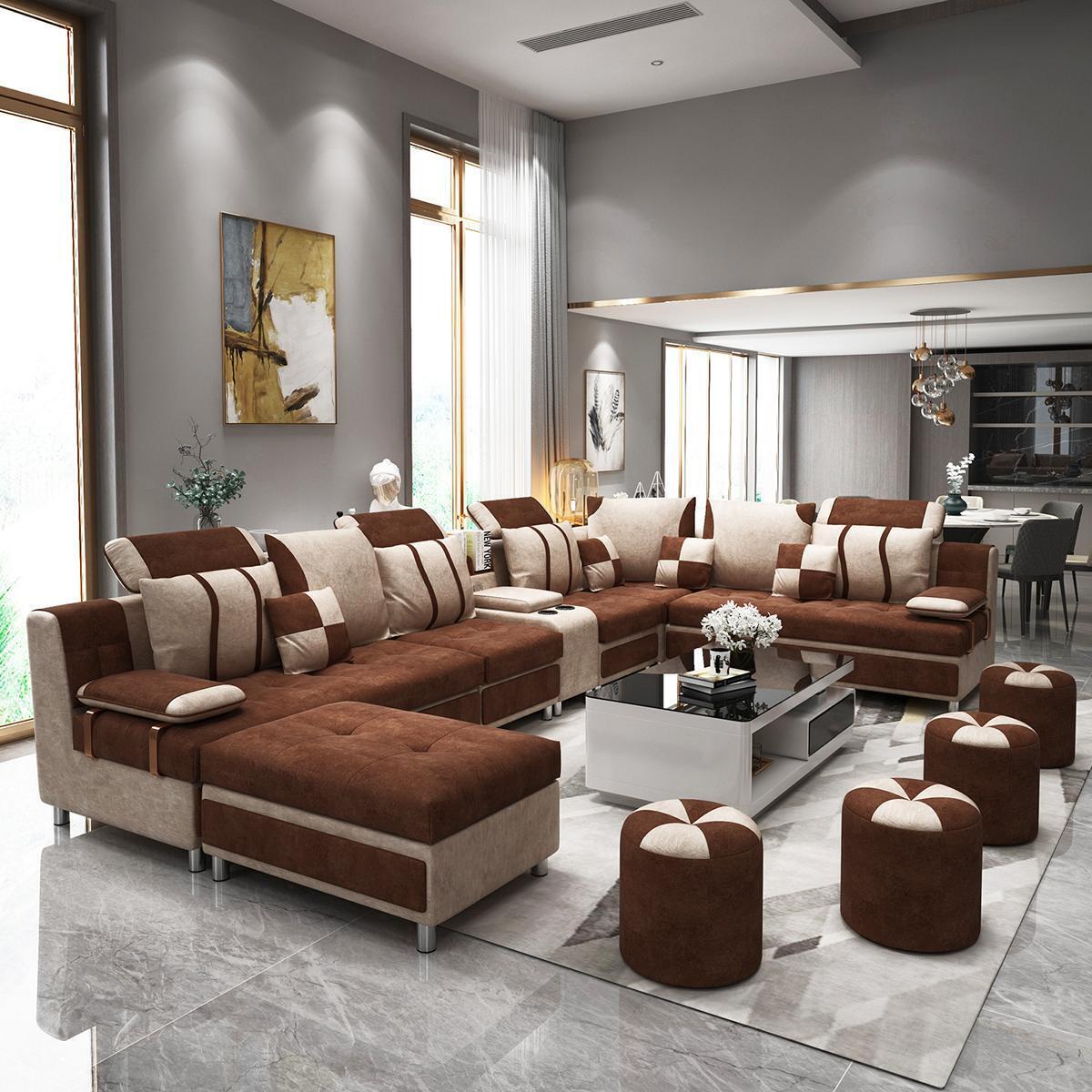 Sofa U-Form Braun Polsterstoff Zum Relaxen im Wohnzimmer Weichen Kissen Sofort