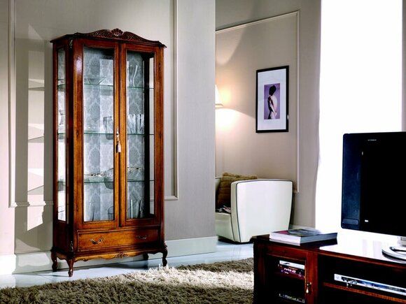 Designer Luxus Holz Vitrine Braun 2 Glas Türen 1 Schublade Italienische Möbel