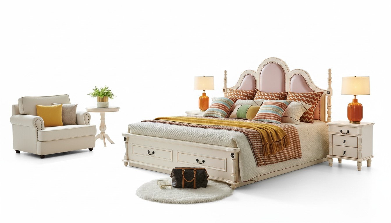 3tlg. Set Schlafzimmer 2xNachttisch Holz Designer Bett Luxus Klassisch Neu