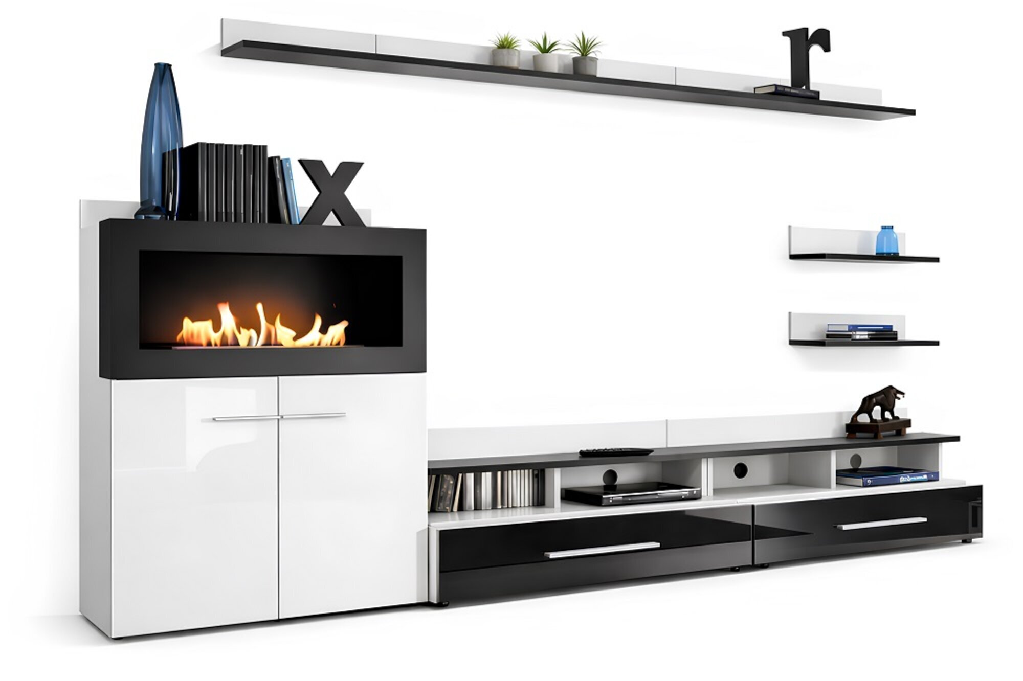 Wohnwand TV-Ständer Kommode mit eingebautem Kamin Designer Möbel Sofort