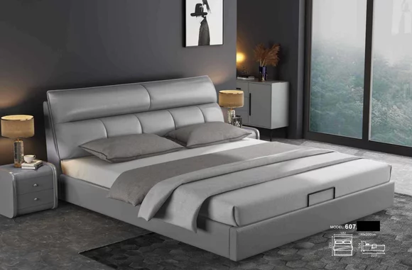 Graues Designer Bett Schlafzimmer Betten Textil Leder Hotel Polster