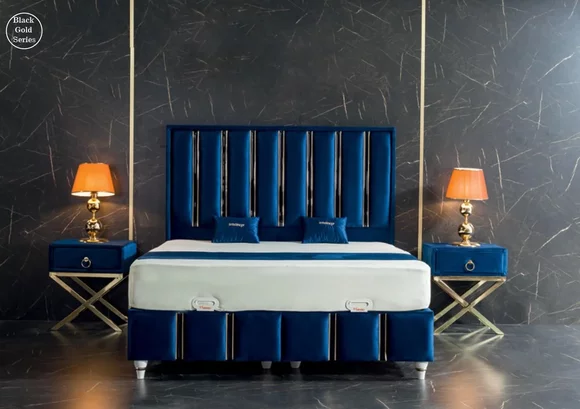 Schlafzimmer Set Blau Metall Bett Elegantes Stil 2x Nachttische 3tlg.