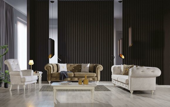 Stilvolle Wohnzimmer Sofagarnitur Dreistzer 2-Sitzer Luxus Sessel Couch