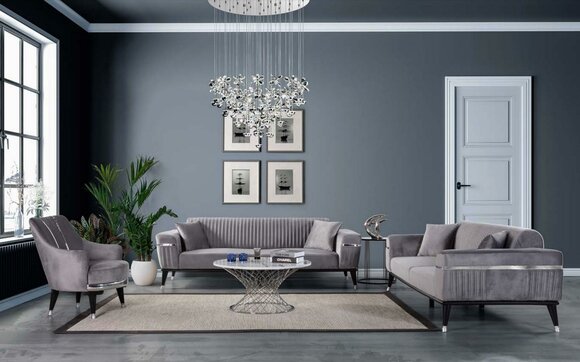 Sofagarnitur 3+3+1 Sitzer Sofa Sofas Sessel Stoff Holz Graue Couchen