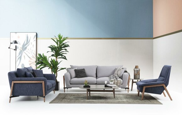 Sofagarnitur 221 Sitzer Sofa Modern Stoff Set Blau Gruppe Wohnzimmer