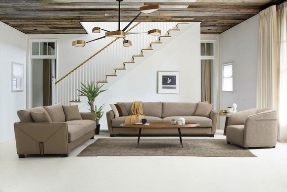 Sofagarnitur 431 Sitzer Sessel Sofa Modern Stoff Beige Set 3tlg Sofas