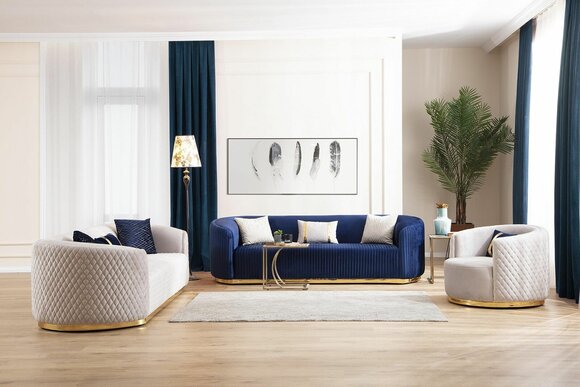 Sofagarnitur Dreisitzer Sessel Edelstahlmöbel Stoffsitzer Blau 3+3+1