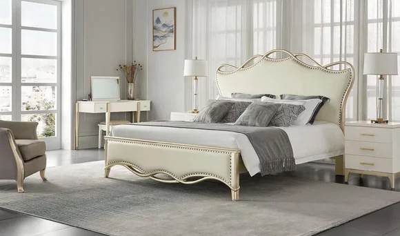 Design Bett Schlafzimmer Betten Textil Luxus Polster Sitz Beige Möbel