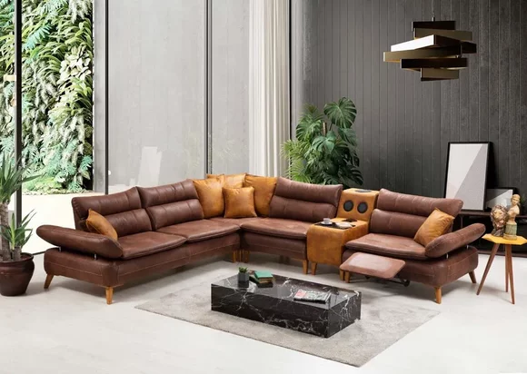 Ecksofa Luxus Sofa Leder Wohnzimmer Büromöbel Material Holzmöbel