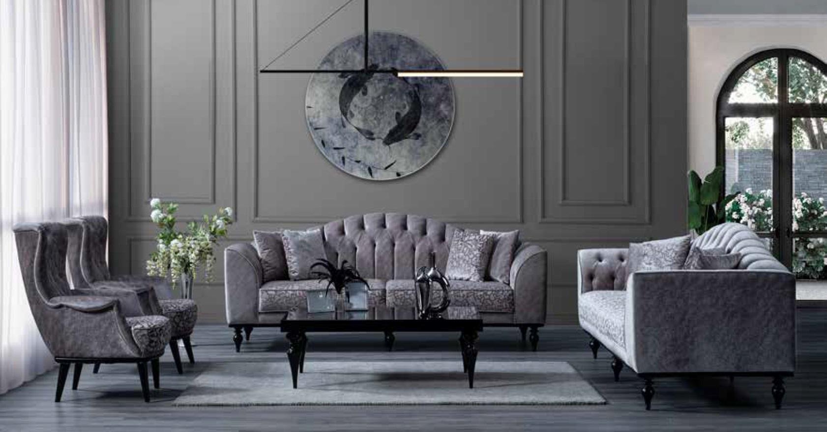 Graue Chesterfield Sofagarnitur Dreisitzer Sessel Sitzgarnitur Wohnzimmer
