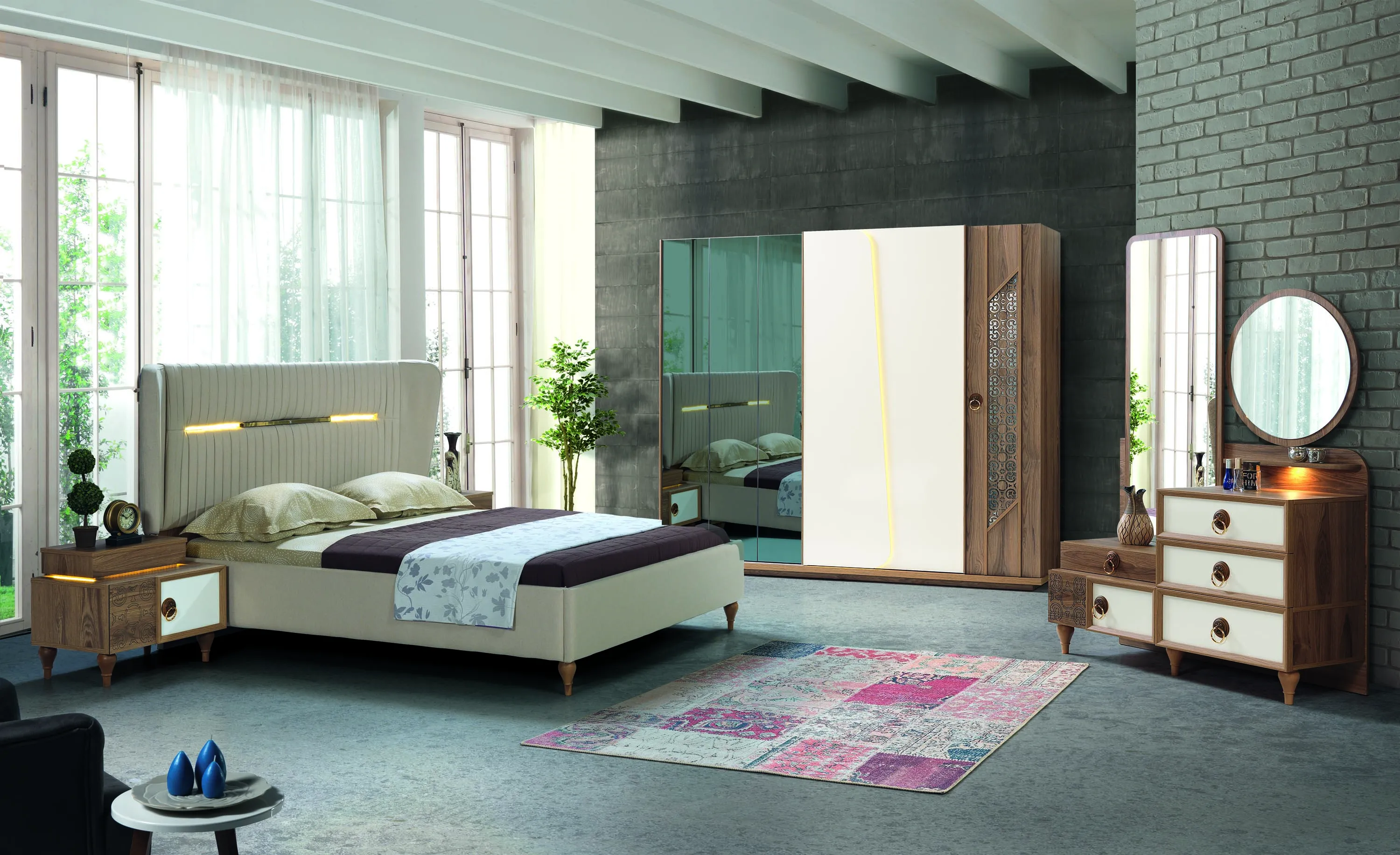Schlafzimmer Set Bett 2х Nachttische 5tlg Textil Holz Kleiderschrank