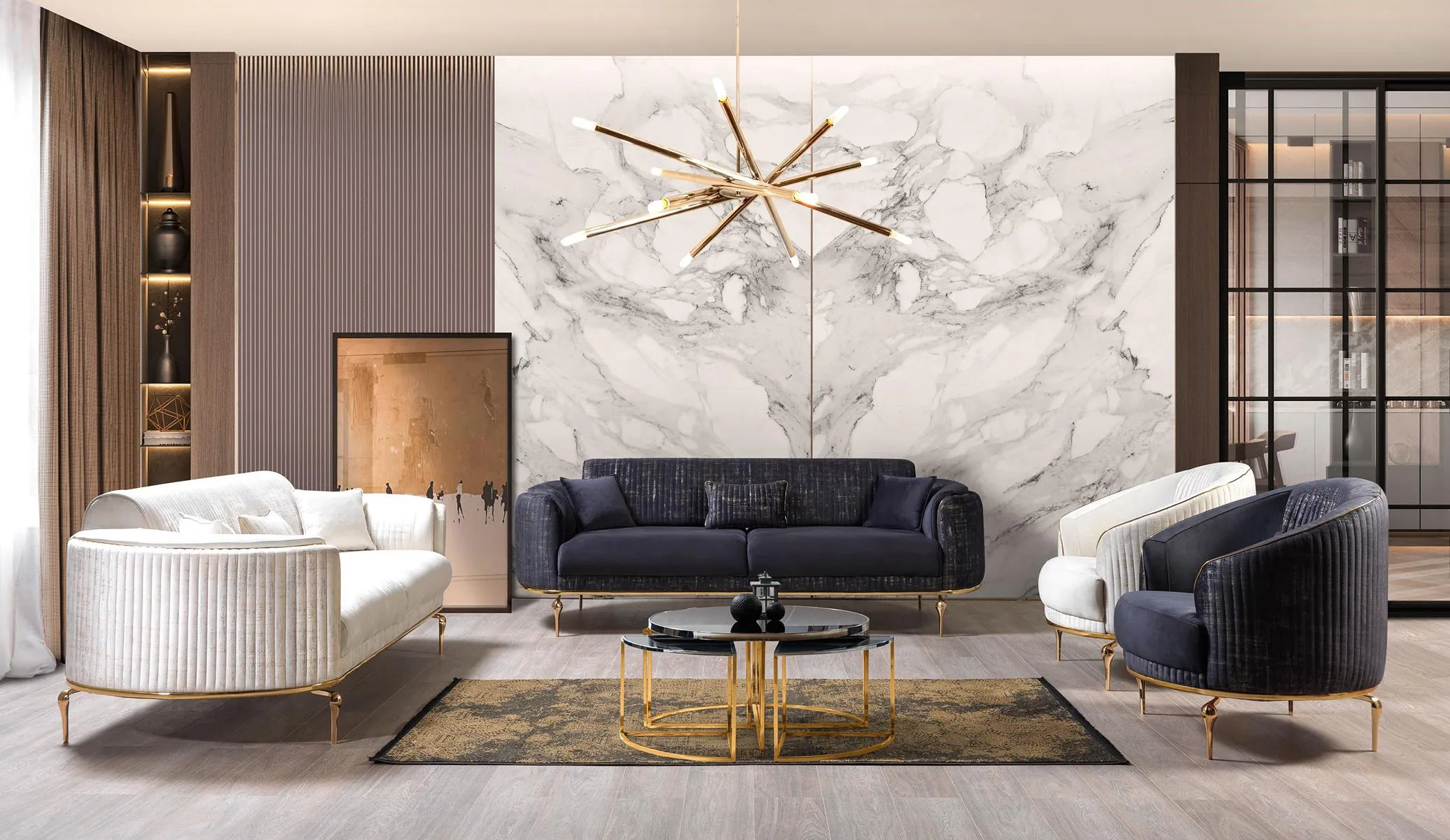 Sofagarnitur 3+3+1+1 Set Sitzer Couch Polster Möbel Textil Stoff Luxus