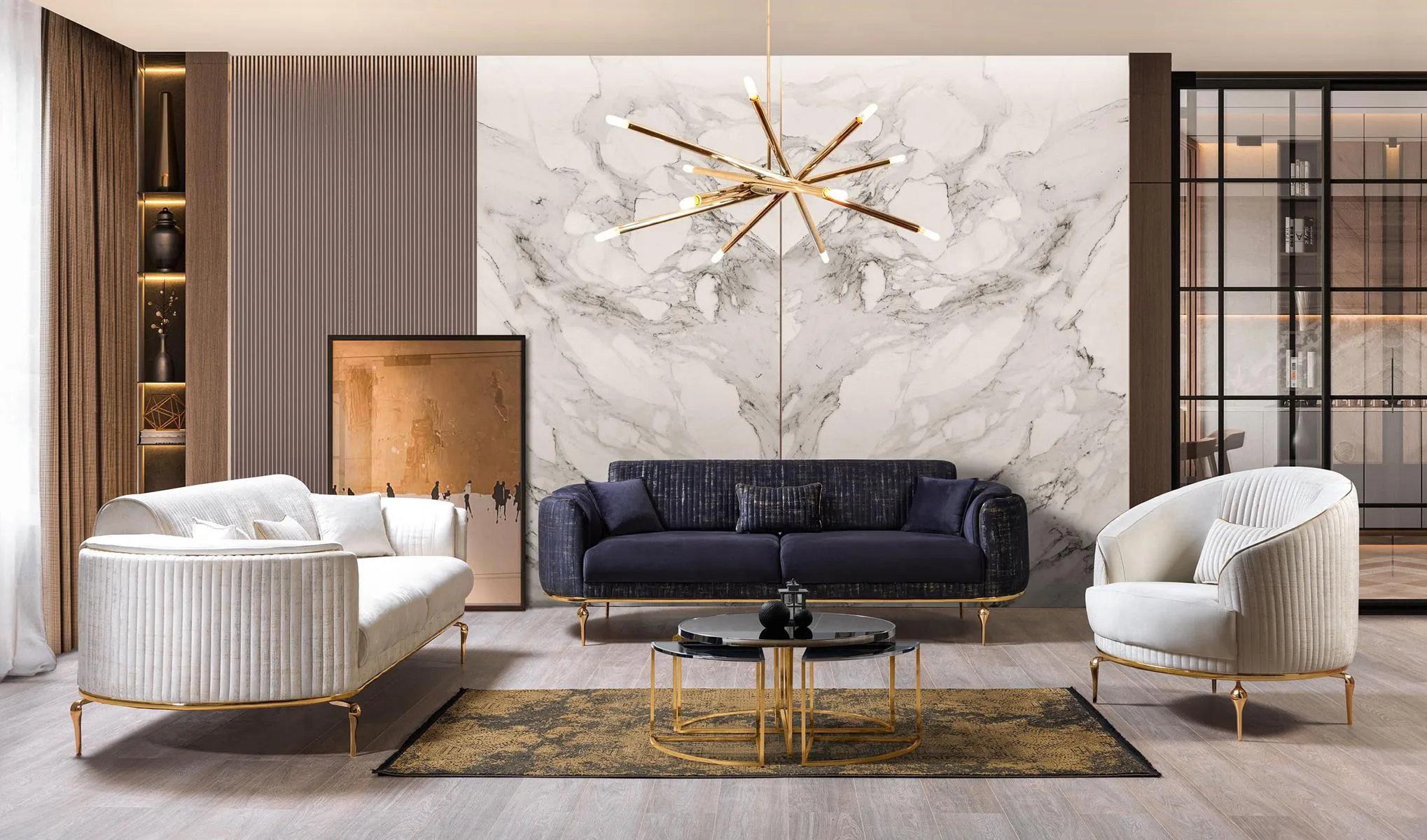 Sofagarnitur 3+3+1 Sitzer Garnitur Sofa Sessel Luxus Sofas Stoff neu