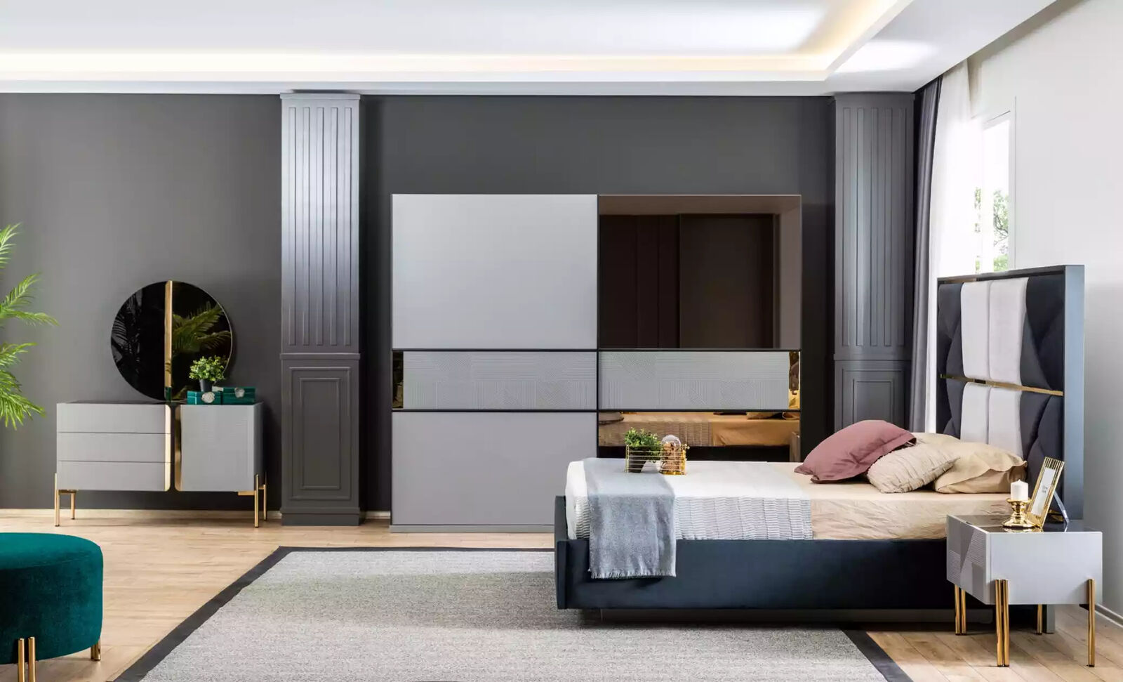 Blau Grau Schlafzimmer Set Bett Kommode Spiegel Kleiderschrank Luxus 6tlg.
