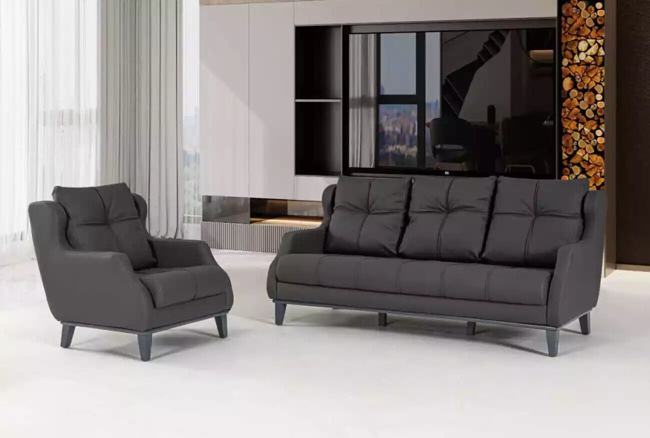 Schwarze Sofagarnitur Sessel Zweisitzer Luxus Modernes Set Polstersitz 2+1