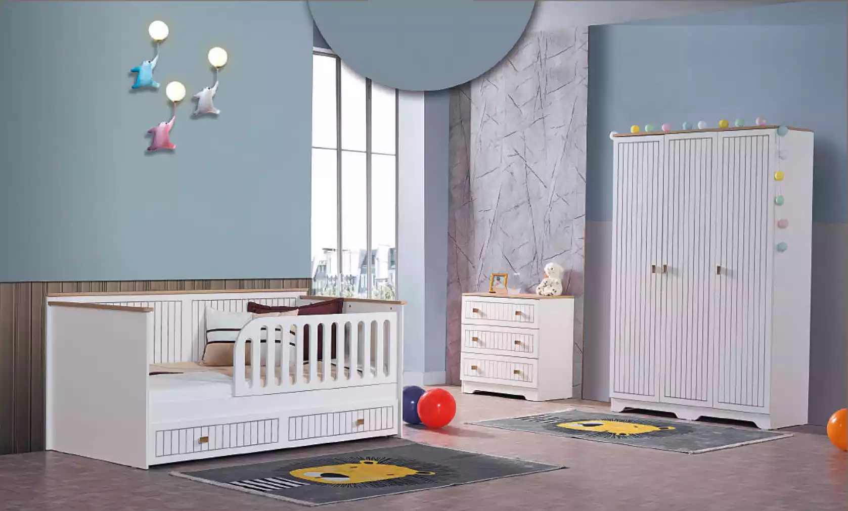 Kinderzimmer Jugendzimmer weiß Bett Kommode Kleiderschrank 3-teilige