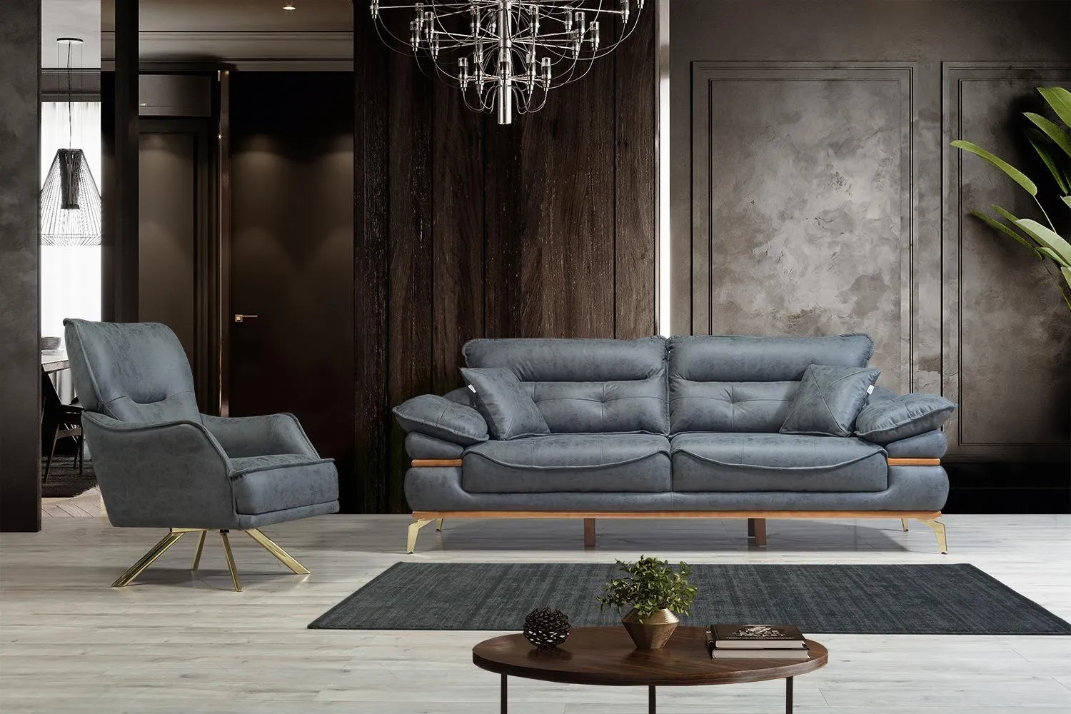 Moderne Graue Wohnzimmer Sofagarnitur 3+1 Sitzer Couch und Sessel