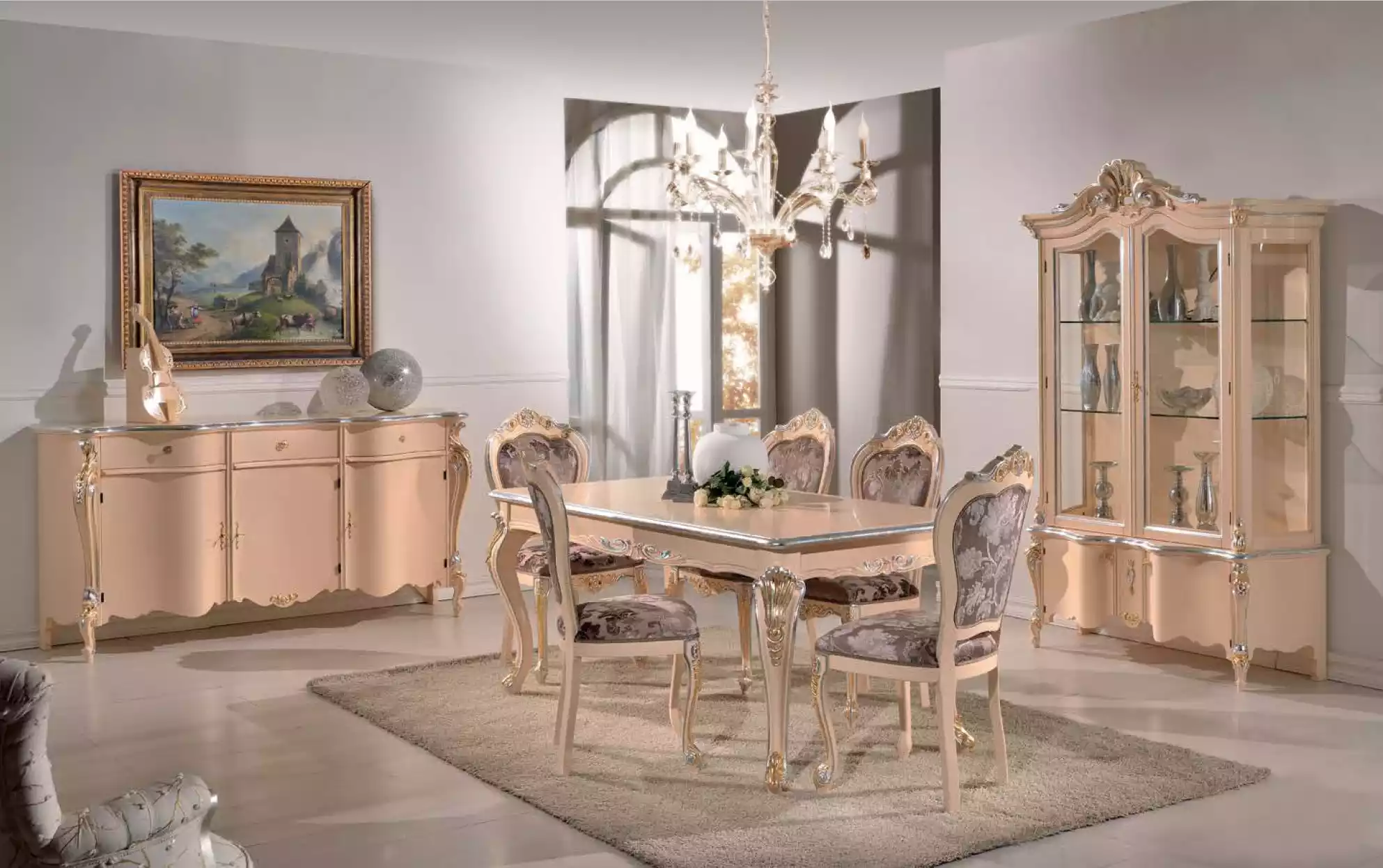 Esszimmer Möbel Esstisch Vitrine Kommode 4x Stühle Essgruppen 7 tlg Garnitur