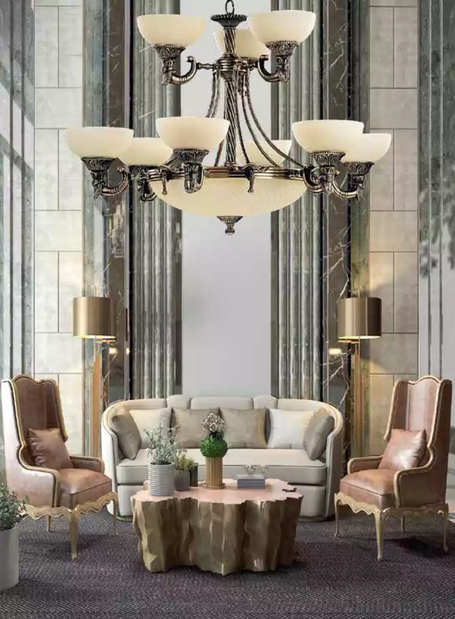 Kronleuchter Deckenleuchter Lüster Groß Deckenlampe Beige Glas Lampe