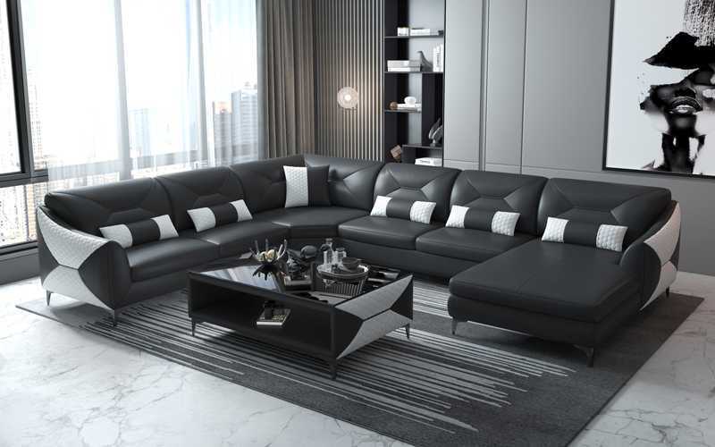 Groß Wohnlandschaft Sofa U Form Ecksofa Ledersofa Schwarz Kunstleder