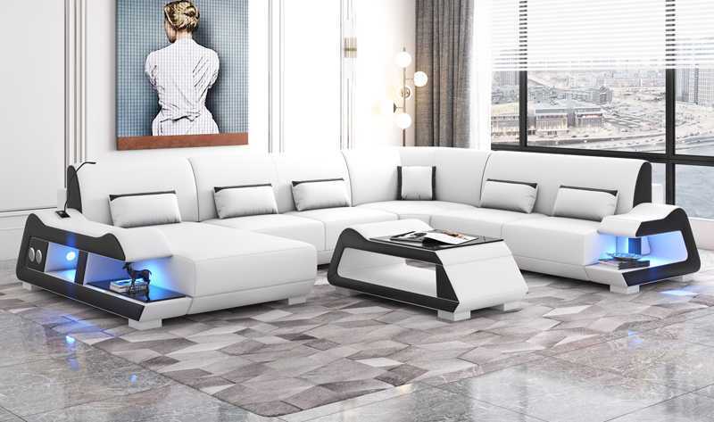 Großes Sofa Wohnlandschaft XXL U Form Ecksofa Ledersofa Weiß Sofas