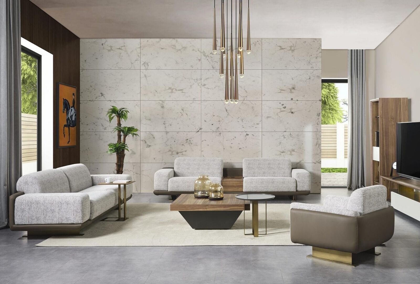 Gruppe Couchen Komplette Polstersofa Grau Stoffsofa Sofagarnitur 3tlg