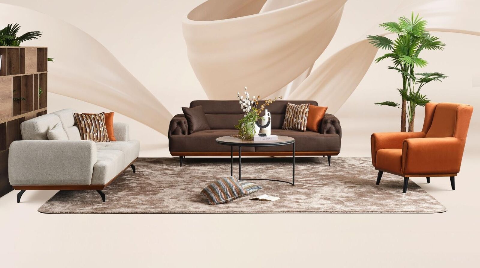 Couchgarnitur Polstersofa Mehrfarbig Dreisitzer Sessel Sofa Stoff Set 3+3+1