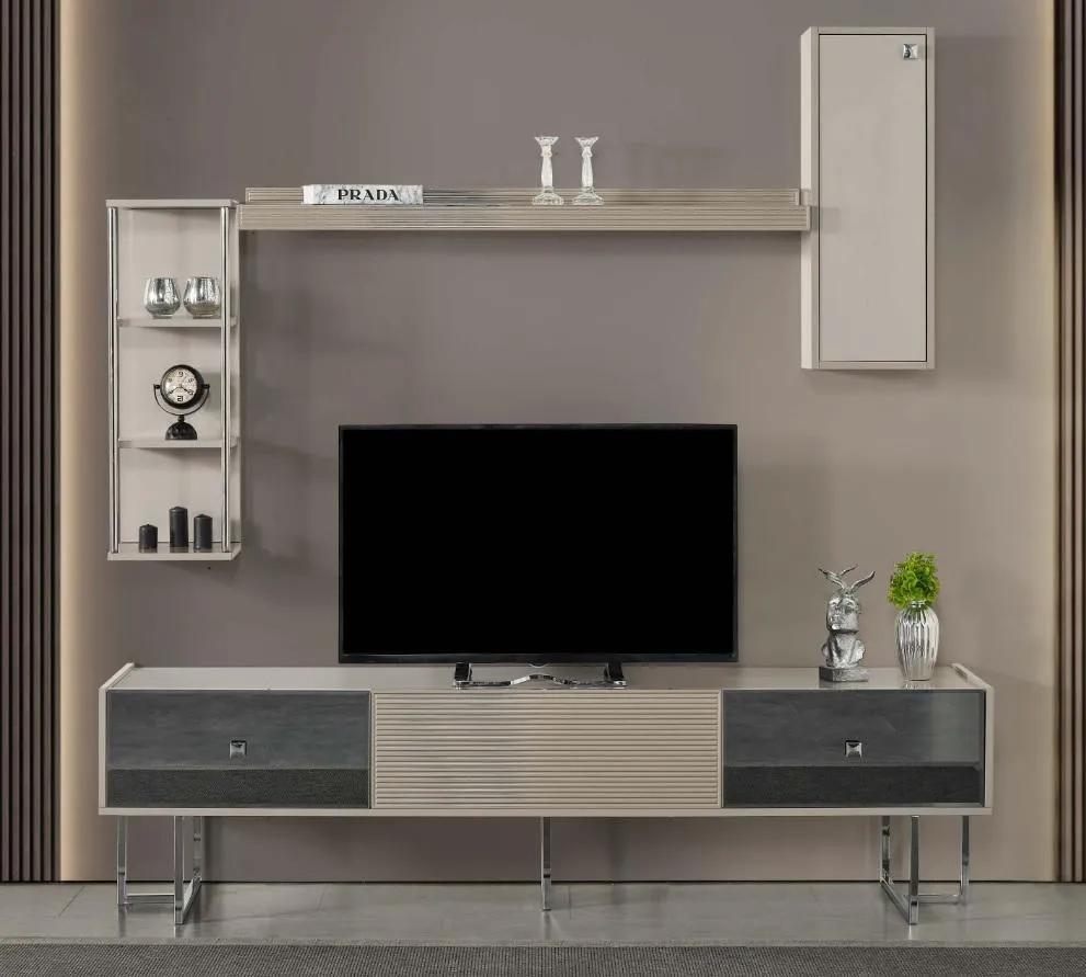 Wohnwand RTV Lowboard TV Ständer Schrank Holz Grau Regale Wohnzimmer